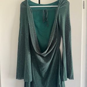 Forest Green Cowl Back Long Sleeve Sparkle Mini Dress